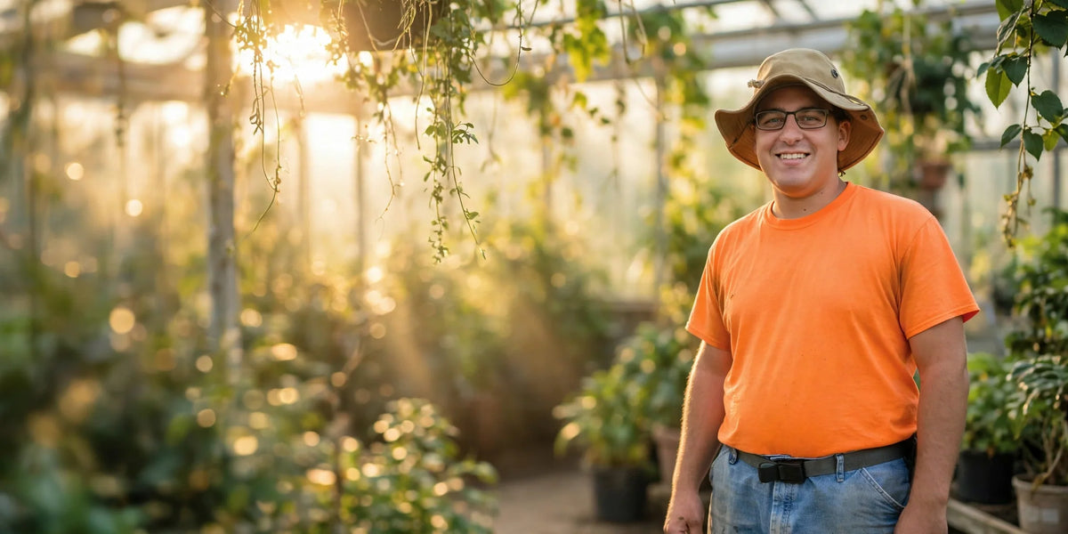 Trey standing in the greenhouse at the Stynchula Foundation