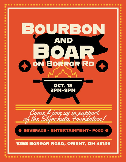 A square event poster with a burnt orange background and white border, featuring a black silhouette of a pig above a grill and the text 'BOURBON AND BOAR ON BORROR RD,' with event details including date, time, and address.