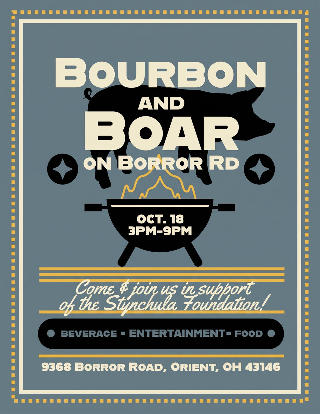 A square event flyer for 'Bourbon and Boar on Borror Rd' with a distressed, vintage-style design. The flyer features a dark gray background, cream-colored text and borders, a black silhouette of a pig, and a black grill with flames.