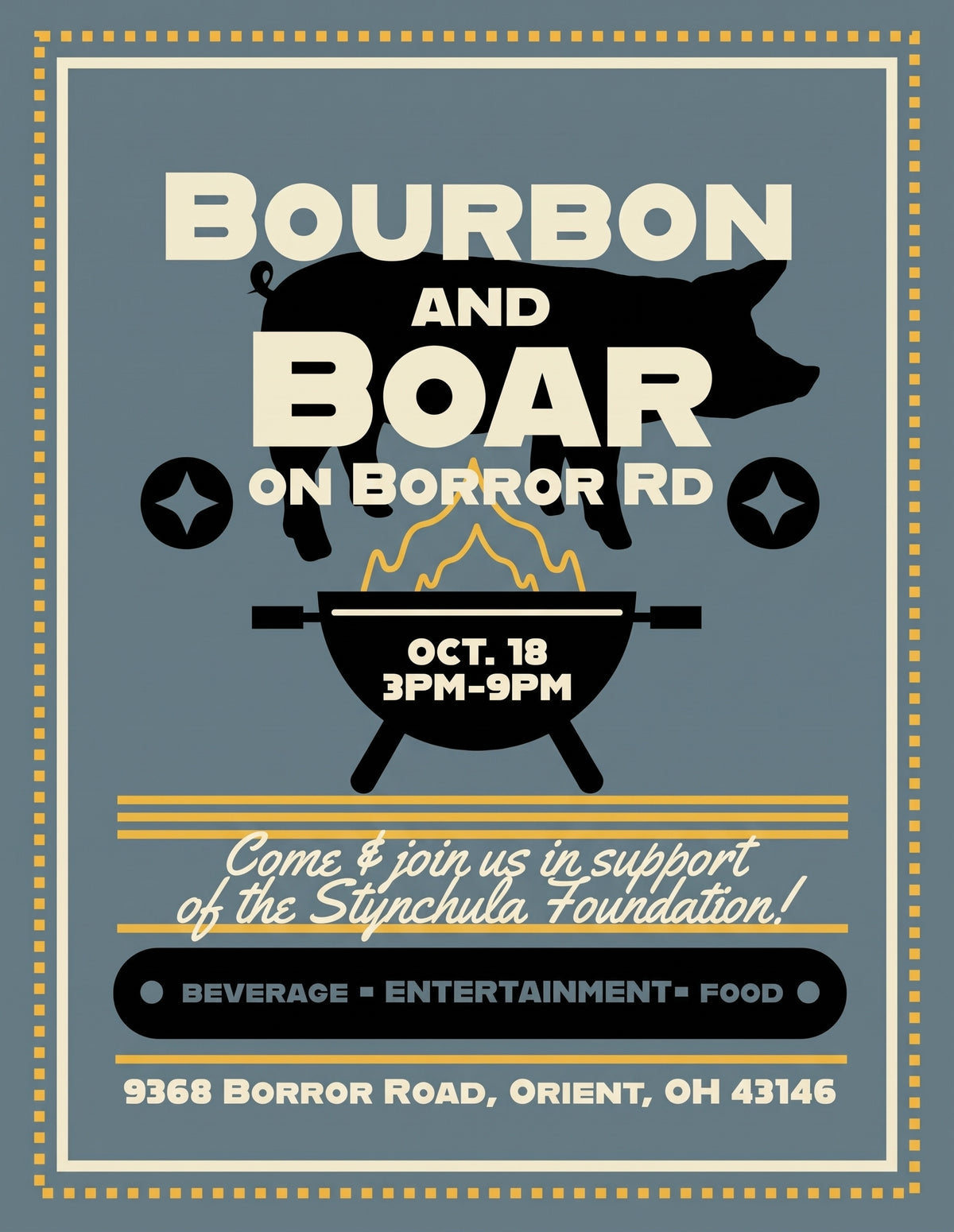 A square event flyer for 'Bourbon and Boar on Borror Rd' with a distressed, vintage-style design. The flyer features a dark gray background, cream-colored text and borders, a black silhouette of a pig, and a black grill with flames.