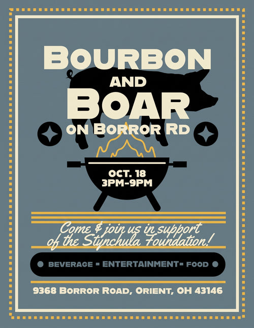 A square event flyer for 'Bourbon and Boar on Borror Rd' with a distressed, vintage-style design. The flyer features a dark gray background, cream-colored text and borders, a black silhouette of a pig, and a black grill with flames.