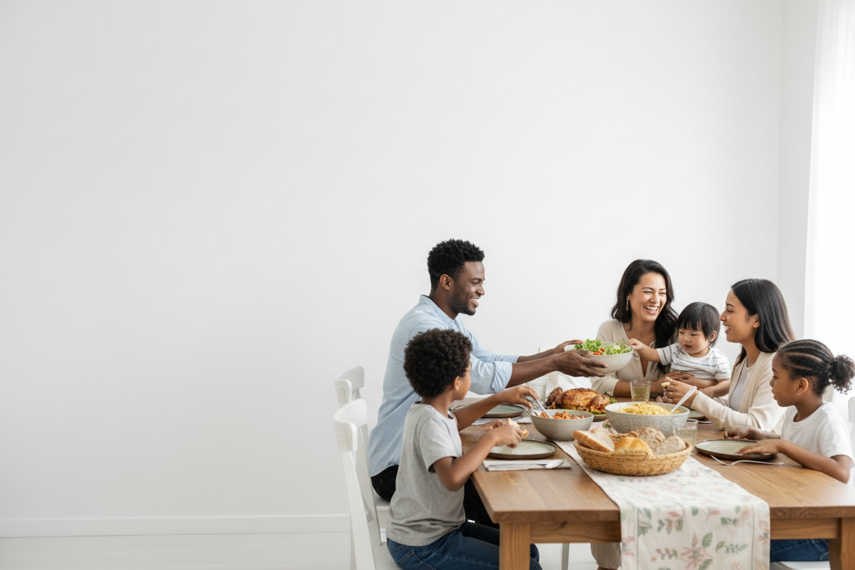 community driven theme including a family eating together on the right side with a white background