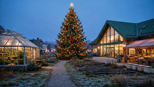 The Grove City Giving Tree in the future Grove City campus town square at dusk