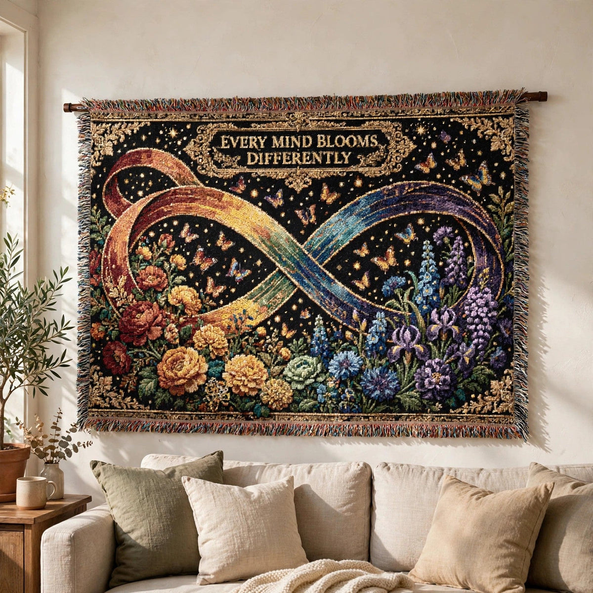 The 'Every Mind Blooms Differently' tapestry from the Our Charity Collection at Blockhouse Apparel