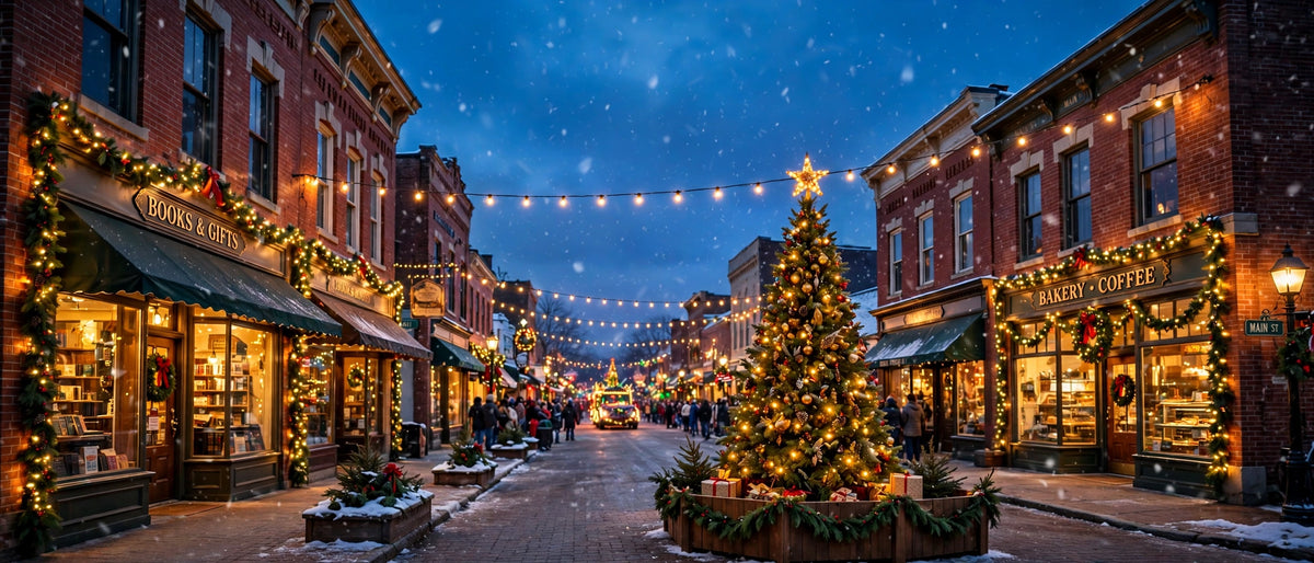 A small-town main street at Christmas with lights, a town tree, and a parade