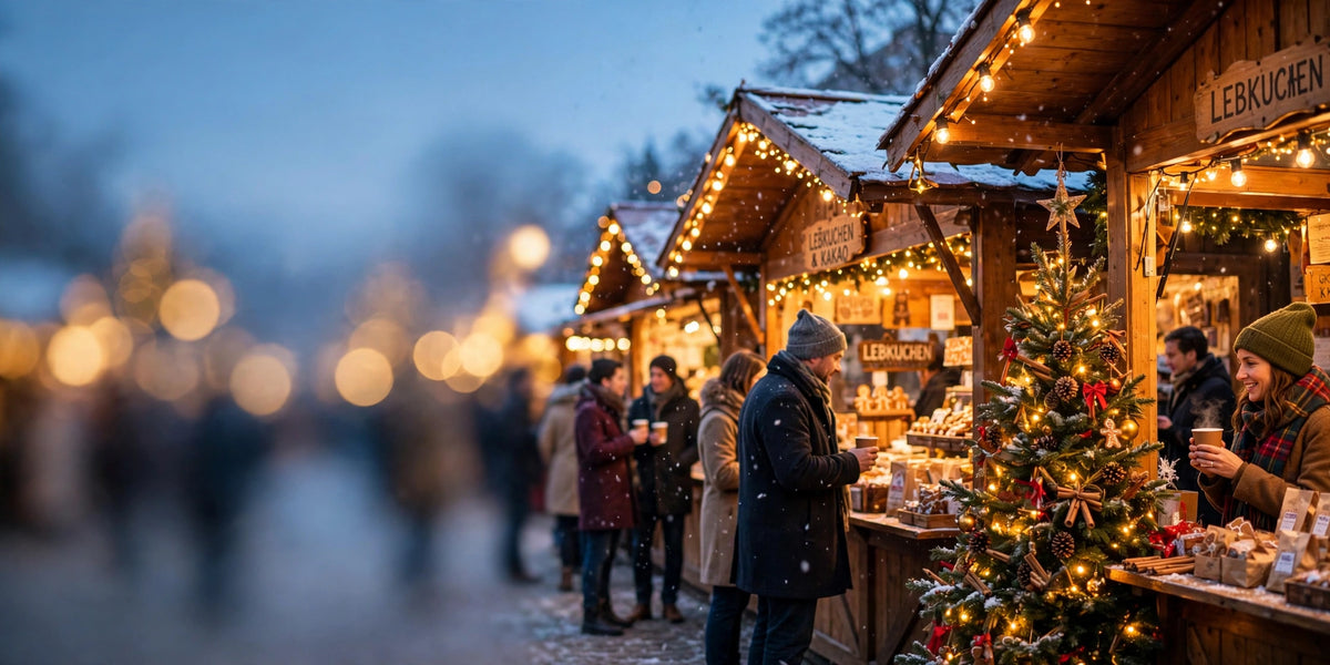 A German Christkindl holiday market at dusk with booths, string lights, and a Christmas tree