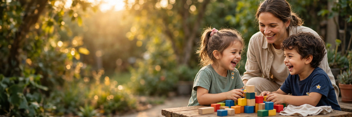 Two children playing with colorful wooden blocks at a table while a parent kneels beside them, smiling