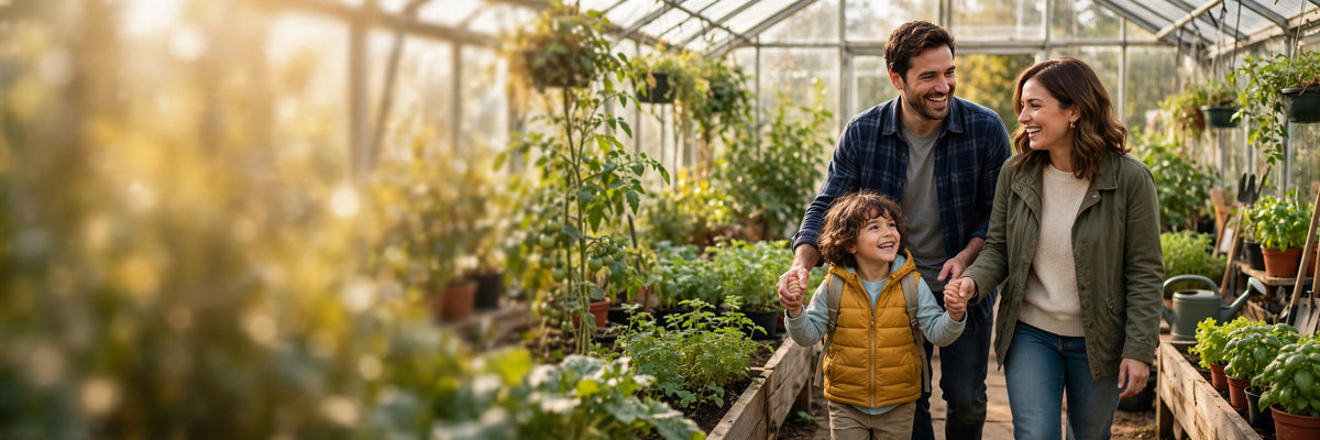 A young family in a sunlit greenhouse, their child holding both parents’ hands
